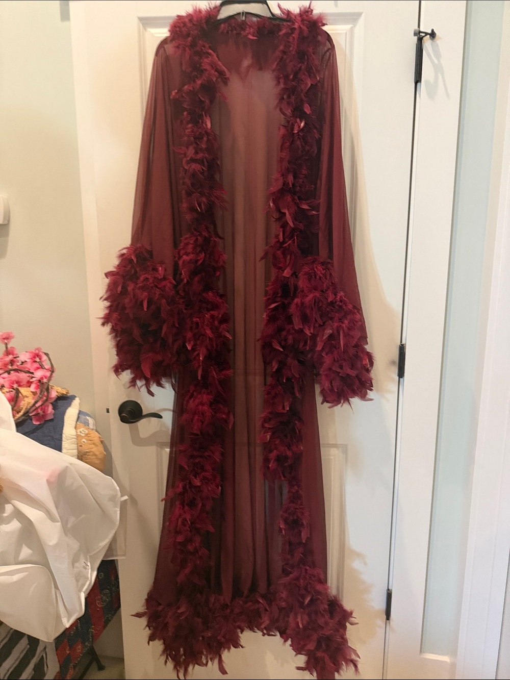 Sheer Feather Trim Burgundy Robe - Women Intimates & Sleepwear